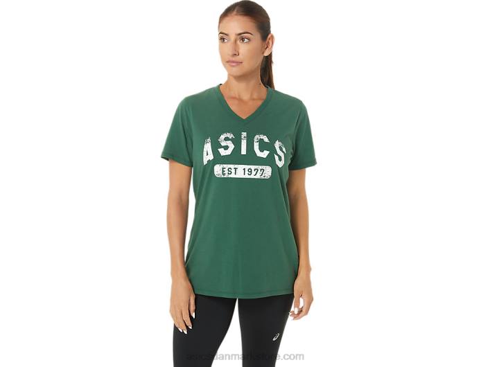 Asicskortærmet t-shirt til kvinder fra 1977 med v-hals 60Z42726 jægergrøn lyng